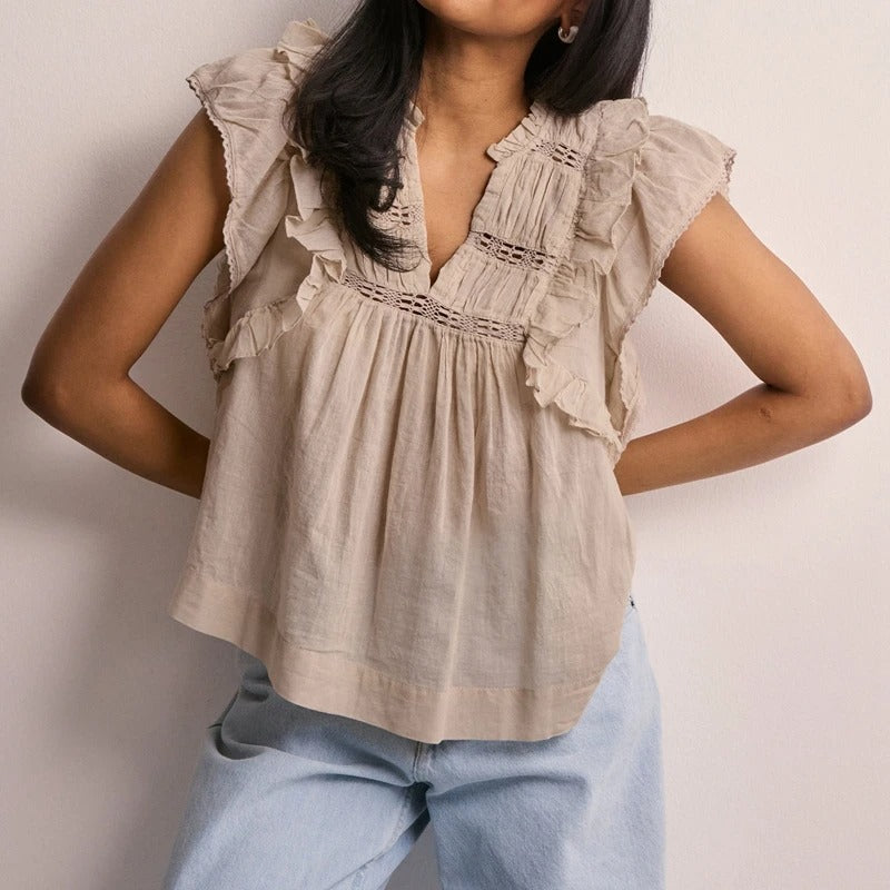 Women’s Boho Flutter Sleeve Peplum Lace Trim Crop Top