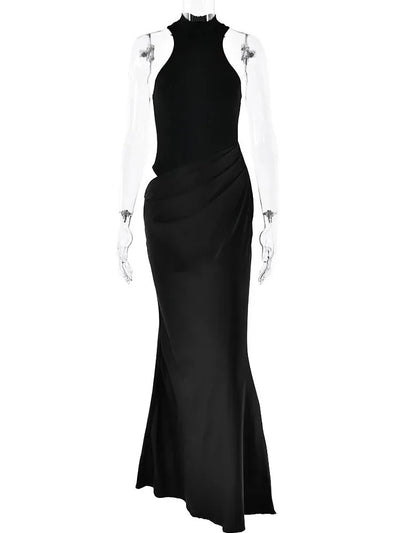 JULISSA MO Satin Hollow-Out Maxi Dress — Black, Coffee & Brown Options, Sleeveless or Long Sleeve, High-Waist Elegant Party & Clubwear