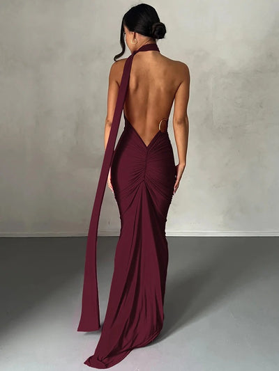 Hugcitar One Shoulder Backless Ruched Maxi Dress – Adjustable Scarf Loop Elegant Y2K Streetwear 2025
