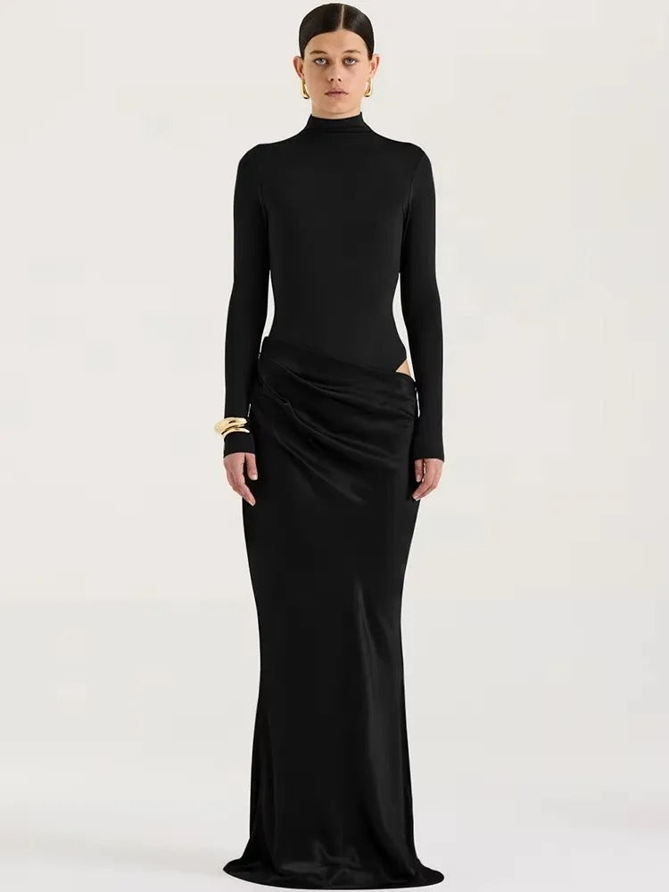 JULISSA MO Satin Hollow-Out Maxi Dress — Black, Coffee & Brown Options, Sleeveless or Long Sleeve, High-Waist Elegant Party & Clubwear