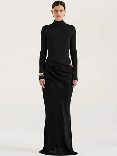 JULISSA MO Satin Hollow-Out Maxi Dress — Black, Coffee & Brown Options, Sleeveless or Long Sleeve, High-Waist Elegant Party & Clubwear