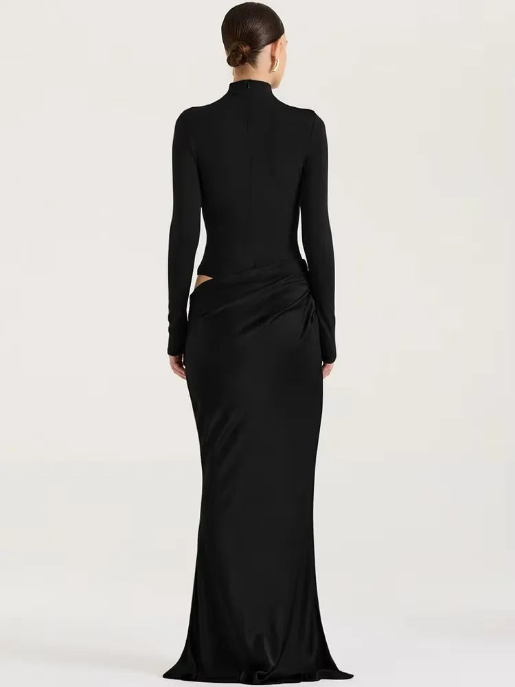 JULISSA MO Satin Hollow-Out Maxi Dress — Black, Coffee & Brown Options, Sleeveless or Long Sleeve, High-Waist Elegant Party & Clubwear