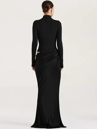 JULISSA MO Satin Hollow-Out Maxi Dress — Black, Coffee & Brown Options, Sleeveless or Long Sleeve, High-Waist Elegant Party & Clubwear