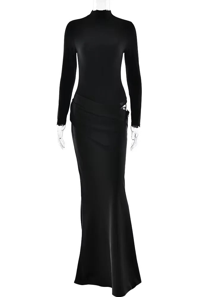 JULISSA MO Satin Hollow-Out Maxi Dress — Black, Coffee & Brown Options, Sleeveless or Long Sleeve, High-Waist Elegant Party & Clubwear