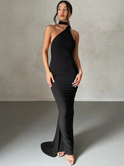 Hugcitar One Shoulder Backless Ruched Maxi Dress – Adjustable Scarf Loop Elegant Y2K Streetwear 2025