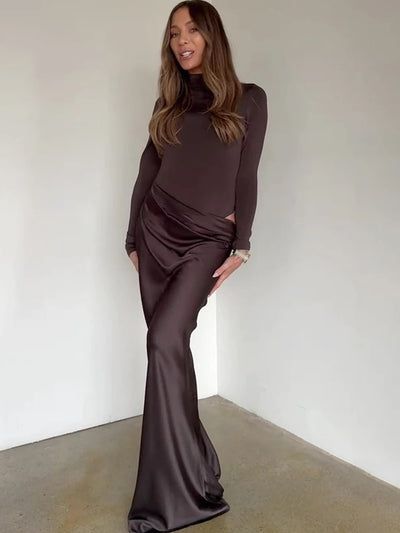 JULISSA MO Satin Hollow-Out Maxi Dress — Black, Coffee & Brown Options, Sleeveless or Long Sleeve, High-Waist Elegant Party & Clubwear