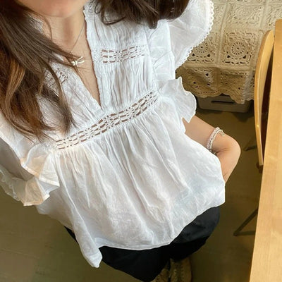 Women’s Boho Flutter Sleeve Peplum Lace Trim Crop Top