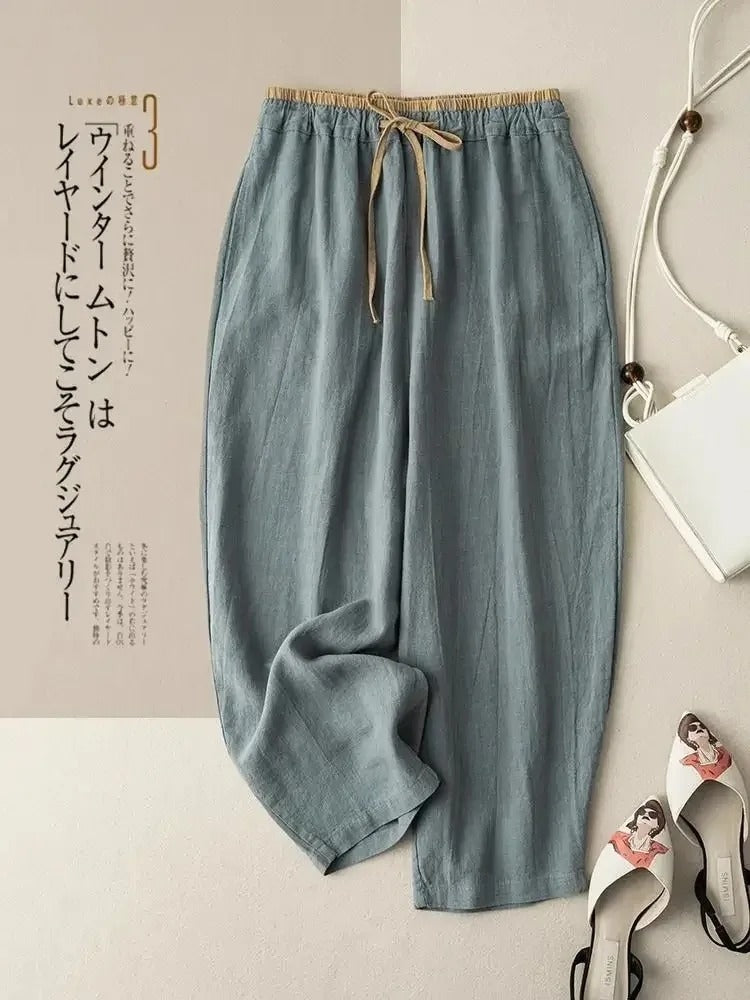 Women’s Retro Cotton Linen Harem Pants – Loose Fit Elastic Drawstring Waist Casual Wide-Leg Trousers