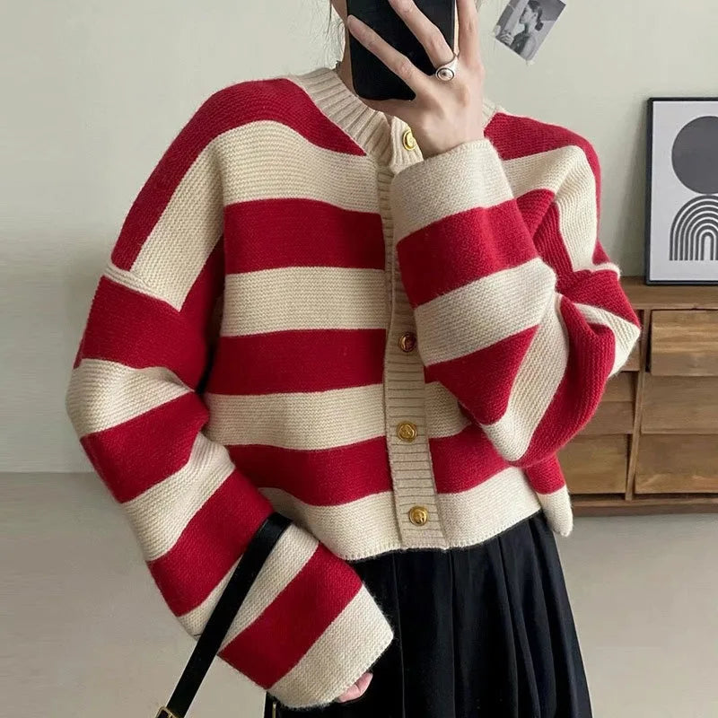 Stripe Knitted Cardigan for Women – Chic Cropped Sweater