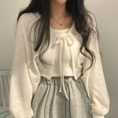 Thin Lace-Up Knit Cardigan — Summer Sunscreen Top for Women, Korean Style Lantern Sleeve Casual Knitwear