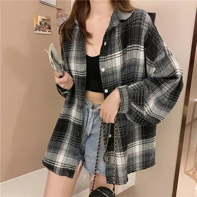 Plaid Shirt for Women – Vintage Long Sleeve Check Blouse