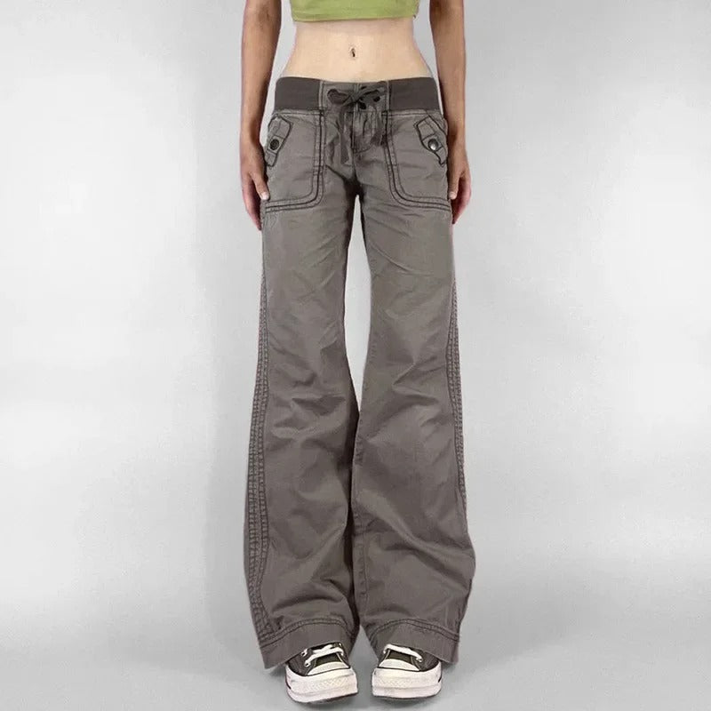 Retro Lace-Up Low Rise Patchwork Pants for Women