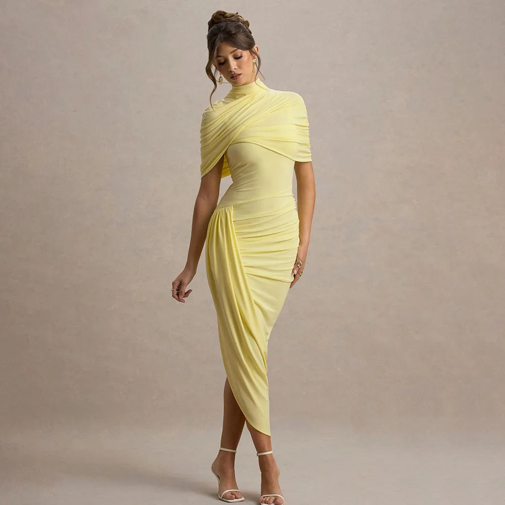 Women’s Elegant Pleated High Neck Maxi Dress – Slim Fit Waist, Backless Summer Party Dress 2025