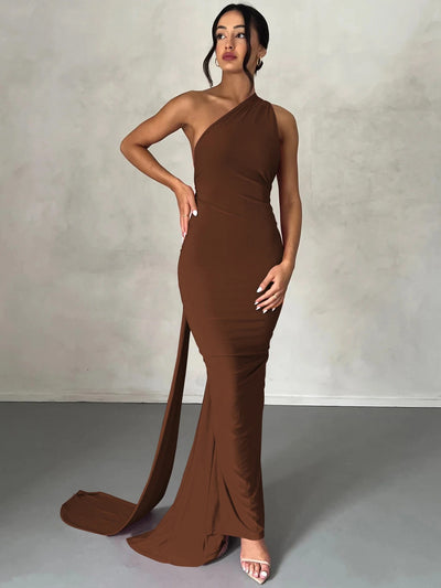 Hugcitar One Shoulder Backless Ruched Maxi Dress – Adjustable Scarf Loop Elegant Y2K Streetwear 2025