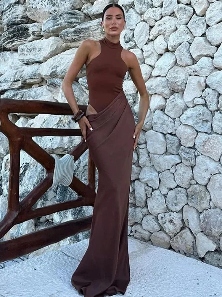 JULISSA MO Satin Hollow-Out Maxi Dress — Black, Coffee & Brown Options, Sleeveless or Long Sleeve, High-Waist Elegant Party & Clubwear