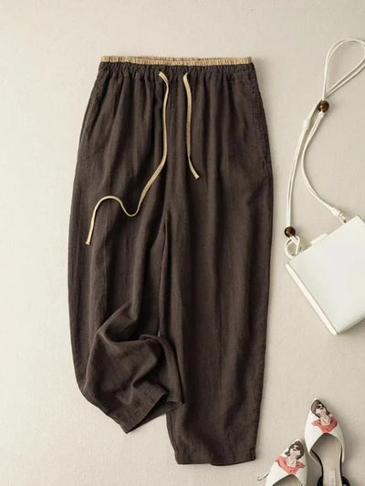 Women’s Retro Cotton Linen Harem Pants – Loose Fit Elastic Drawstring Waist Casual Wide-Leg Trousers