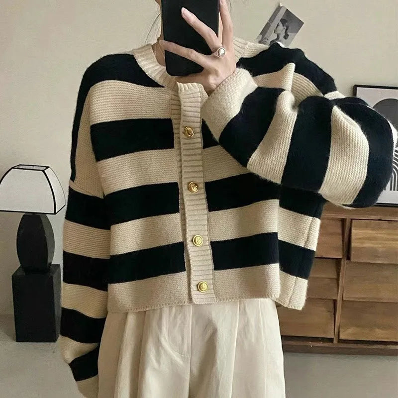 Stripe Knitted Cardigan for Women – Chic Cropped Sweater