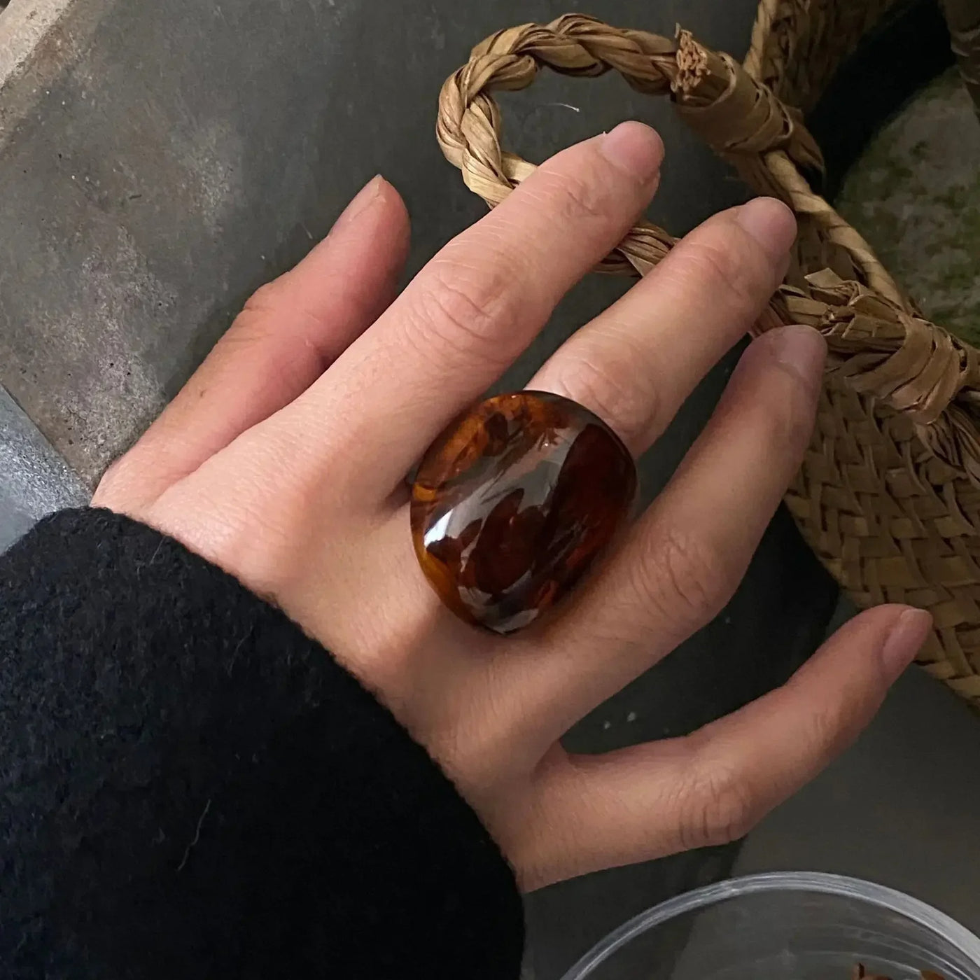 Vintage Amber Resin Geometric Statement Ring for Women — Punk Large Finger Ring