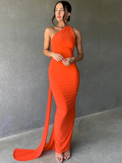 Hugcitar One Shoulder Backless Ruched Maxi Dress – Adjustable Scarf Loop Elegant Y2K Streetwear 2025