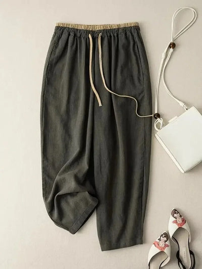 Women’s Retro Cotton Linen Harem Pants – Loose Fit Elastic Drawstring Waist Casual Wide-Leg Trousers