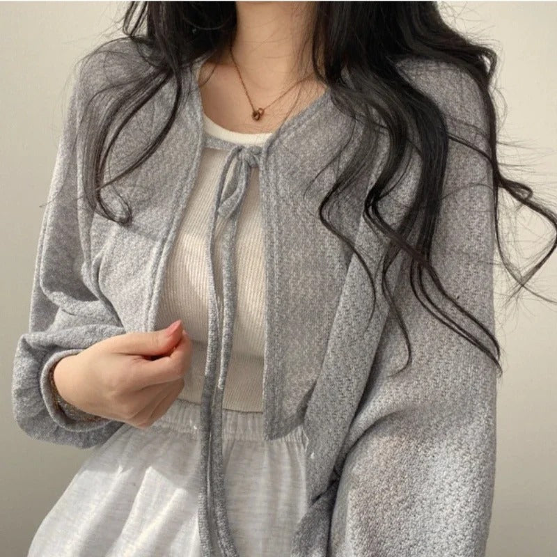 Thin Lace-Up Knit Cardigan — Summer Sunscreen Top for Women, Korean Style Lantern Sleeve Casual Knitwear