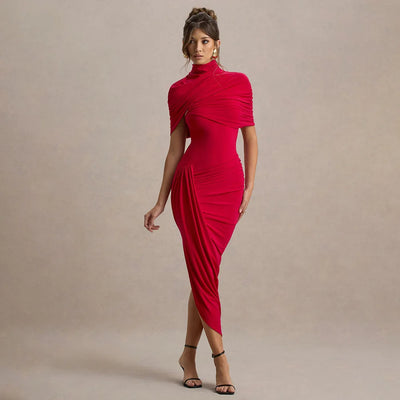 Women’s Elegant Pleated High Neck Maxi Dress – Slim Fit Waist, Backless Summer Party Dress 2025