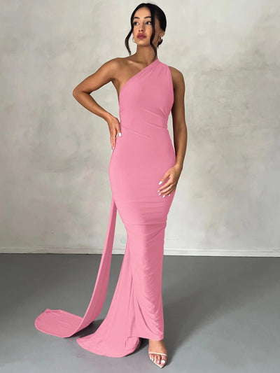 Hugcitar One Shoulder Backless Ruched Maxi Dress – Adjustable Scarf Loop Elegant Y2K Streetwear 2025