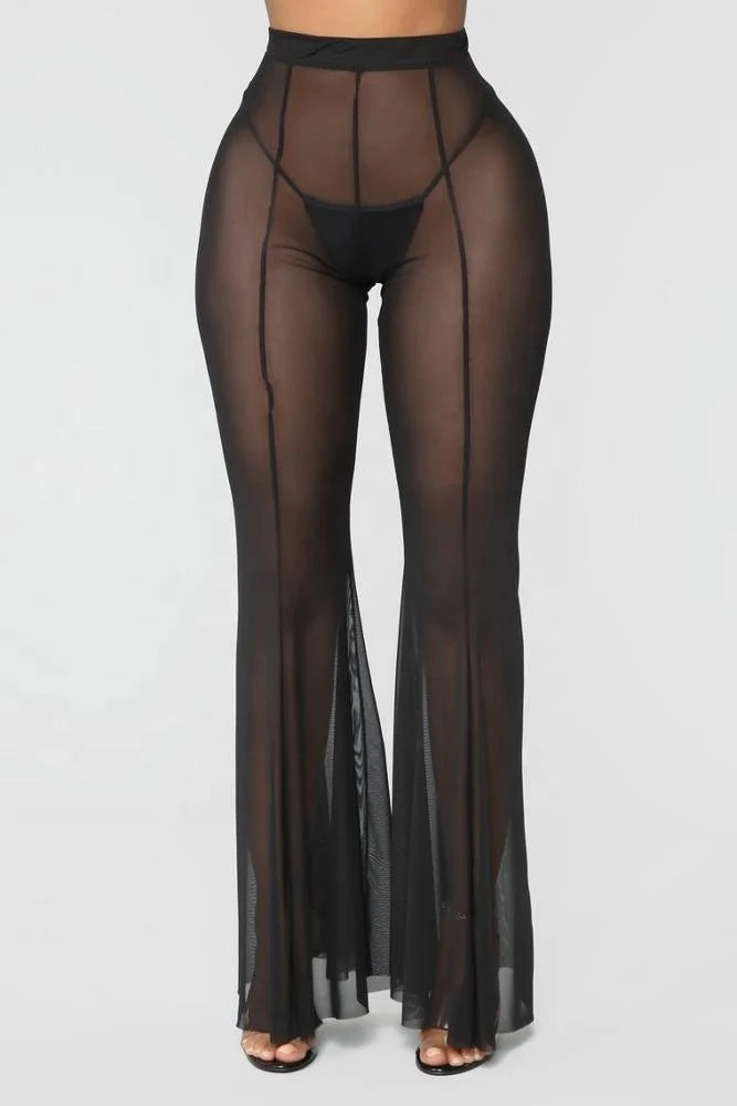 European & American Mesh Edge Bell Bottom Pants – High Stretch Slim Fit Solid Color Trousers