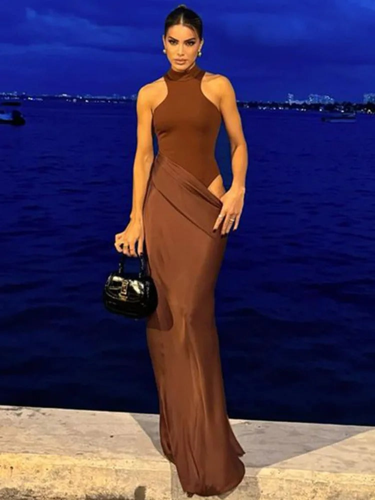 JULISSA MO Satin Hollow-Out Maxi Dress — Black, Coffee & Brown Options, Sleeveless or Long Sleeve, High-Waist Elegant Party & Clubwear