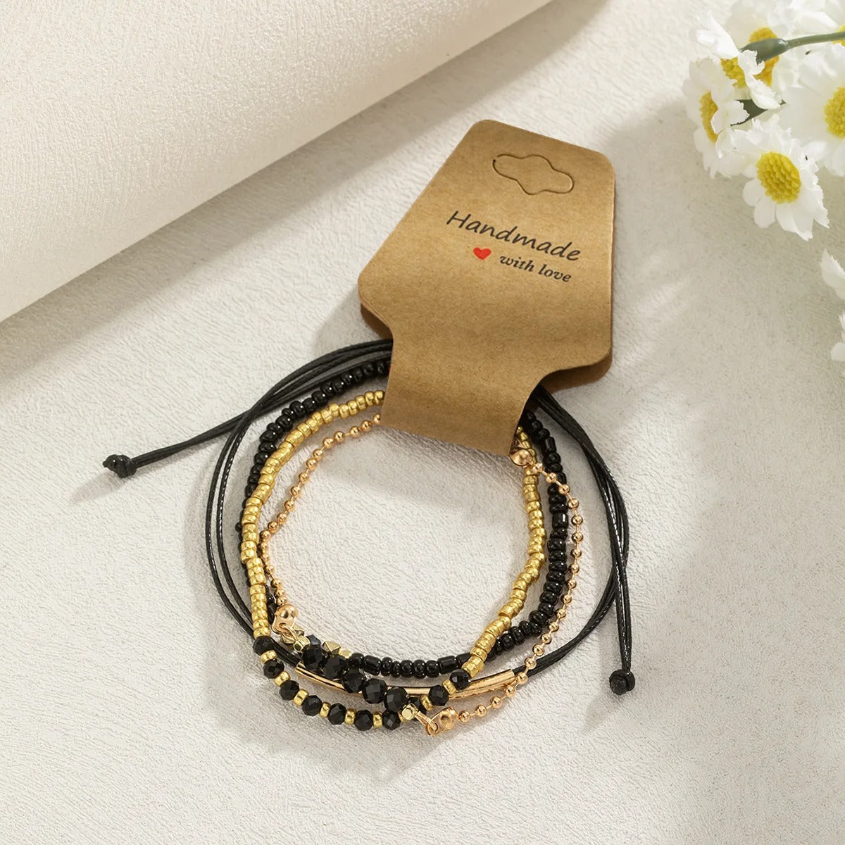 Handmade Black Glass Stone Bracelet Set for Women