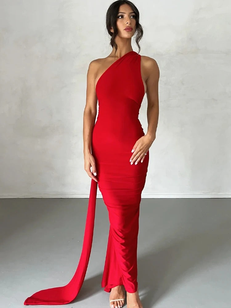 Hugcitar One Shoulder Backless Ruched Maxi Dress – Adjustable Scarf Loop Elegant Y2K Streetwear 2025