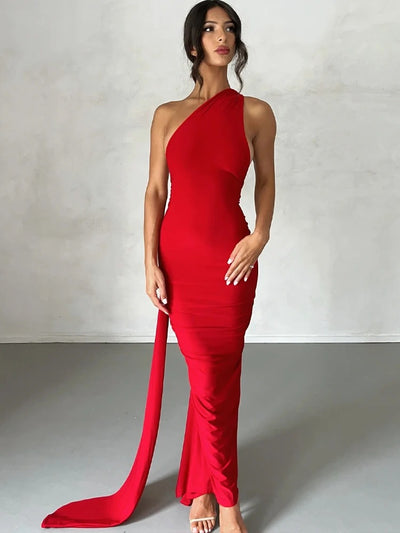 Hugcitar One Shoulder Backless Ruched Maxi Dress – Adjustable Scarf Loop Elegant Y2K Streetwear 2025