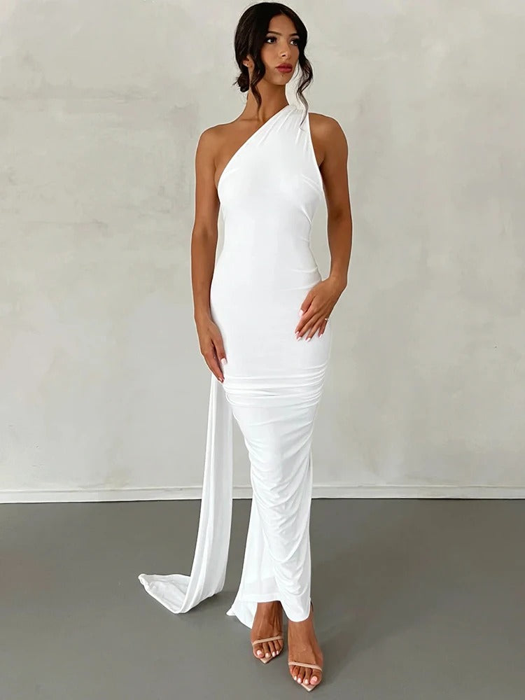 Hugcitar One Shoulder Backless Ruched Maxi Dress – Adjustable Scarf Loop Elegant Y2K Streetwear 2025