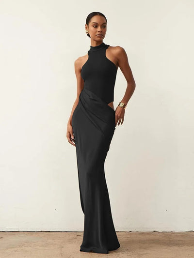 JULISSA MO Satin Hollow-Out Maxi Dress — Black, Coffee & Brown Options, Sleeveless or Long Sleeve, High-Waist Elegant Party & Clubwear