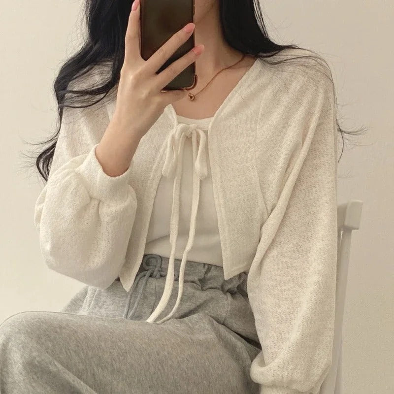 Thin Lace-Up Knit Cardigan — Summer Sunscreen Top for Women, Korean Style Lantern Sleeve Casual Knitwear