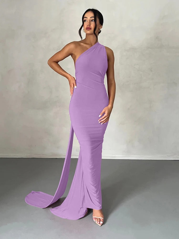 Hugcitar One Shoulder Backless Ruched Maxi Dress – Adjustable Scarf Loop Elegant Y2K Streetwear 2025