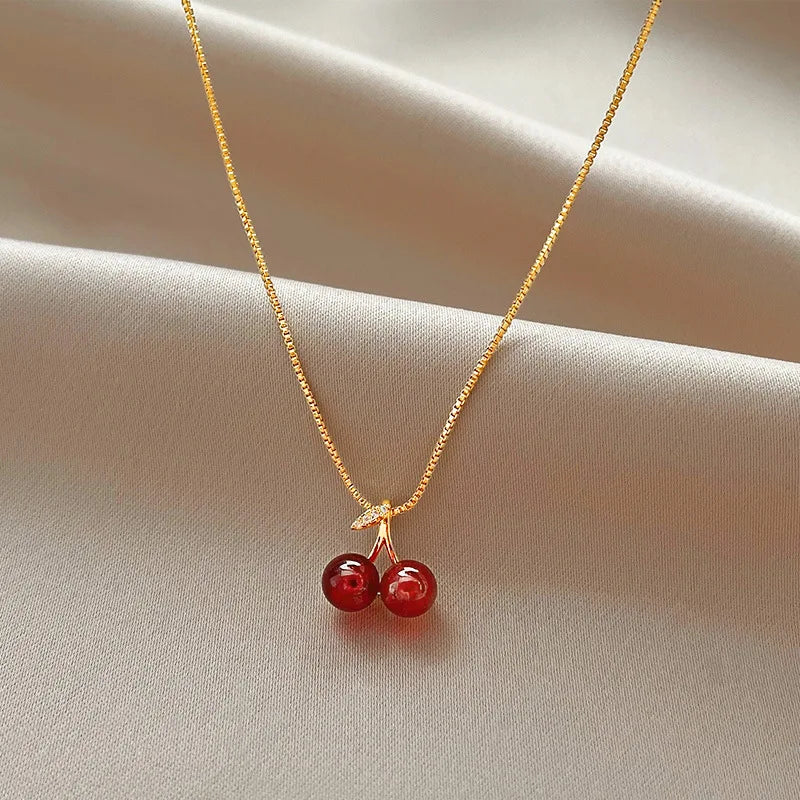 Fashionable Cherry Pendant Necklace – Women’s Golden Chain Fruit Jewelry Gift