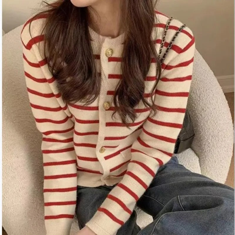 Stripe Knitted Cardigan for Women – Chic Cropped Sweater