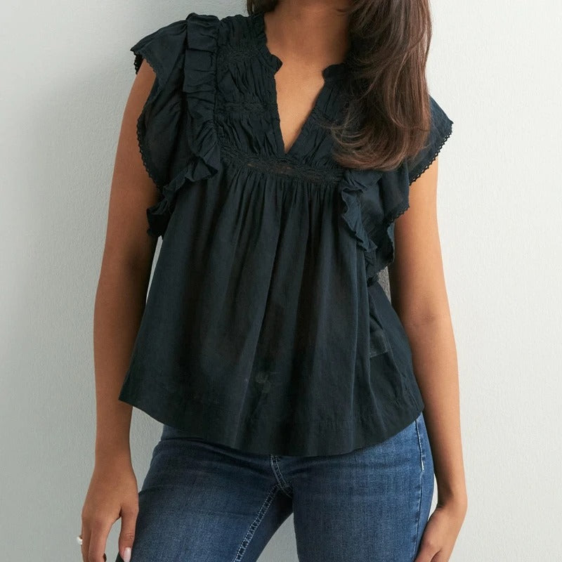 Women’s Boho Flutter Sleeve Peplum Lace Trim Crop Top