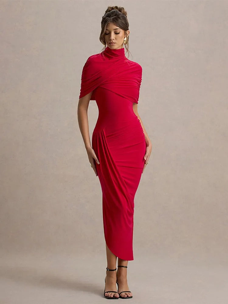 Women’s Elegant Pleated High Neck Maxi Dress – Slim Fit Waist, Backless Summer Party Dress 2025