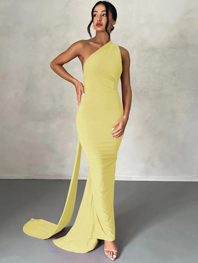Hugcitar One Shoulder Backless Ruched Maxi Dress – Adjustable Scarf Loop Elegant Y2K Streetwear 2025