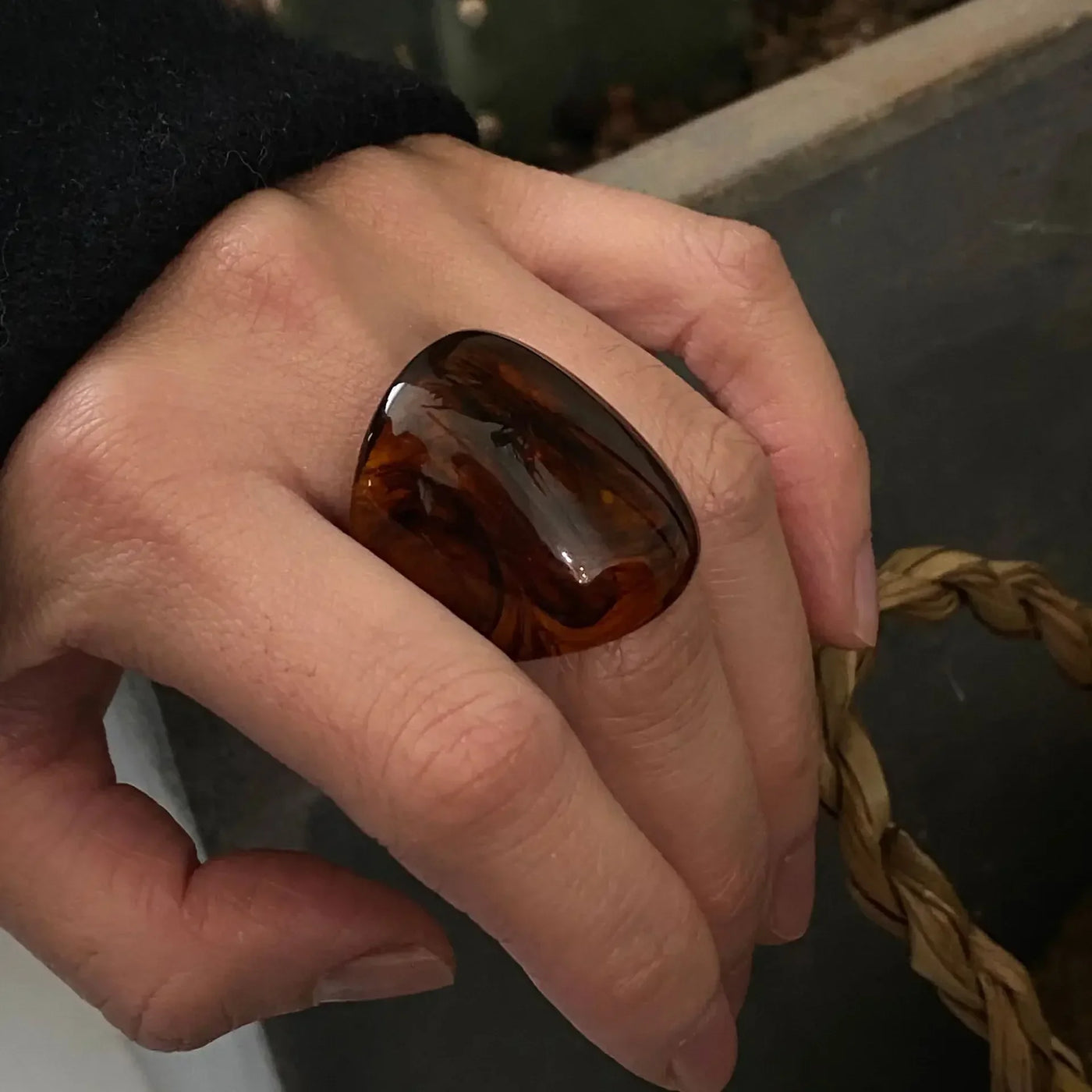 Vintage Amber Resin Geometric Statement Ring for Women — Punk Large Finger Ring