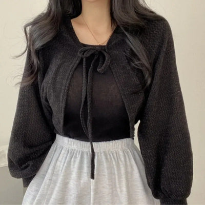 Thin Lace-Up Knit Cardigan — Summer Sunscreen Top for Women, Korean Style Lantern Sleeve Casual Knitwear
