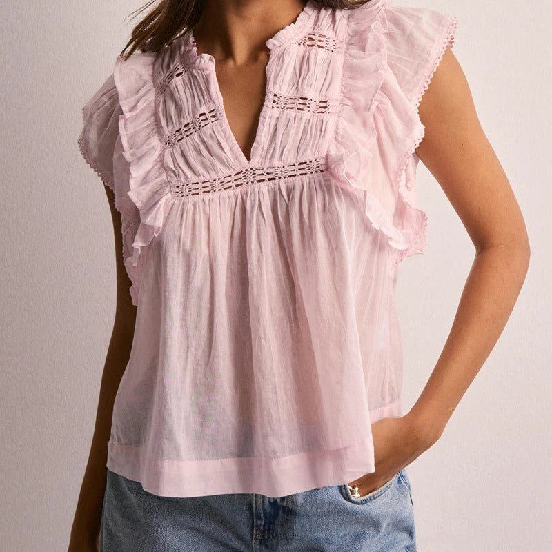Women’s Boho Flutter Sleeve Peplum Lace Trim Crop Top