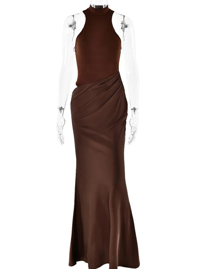 JULISSA MO Satin Hollow-Out Maxi Dress — Black, Coffee & Brown Options, Sleeveless or Long Sleeve, High-Waist Elegant Party & Clubwear