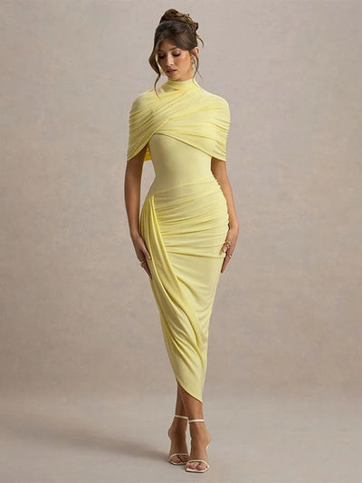 Women’s Elegant Pleated High Neck Maxi Dress – Slim Fit Waist, Backless Summer Party Dress 2025