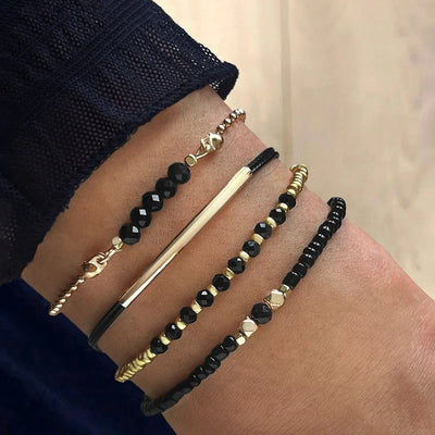 Handmade Black Glass Stone Bracelet Set for Women