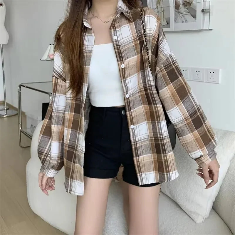 Plaid Shirt for Women – Vintage Long Sleeve Check Blouse