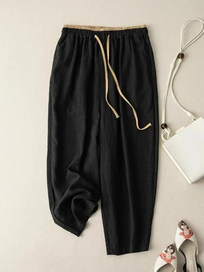 Women’s Retro Cotton Linen Harem Pants – Loose Fit Elastic Drawstring Waist Casual Wide-Leg Trousers