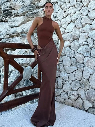 JULISSA MO Satin Hollow-Out Maxi Dress — Black, Coffee & Brown Options, Sleeveless or Long Sleeve, High-Waist Elegant Party & Clubwear